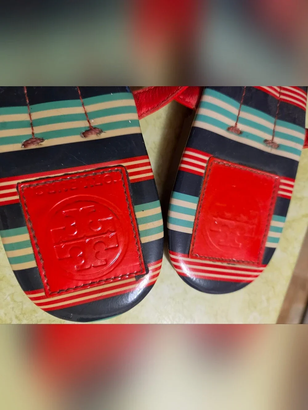 Tory Burch Red Strap Blue & Red Striped Footbed Sandals